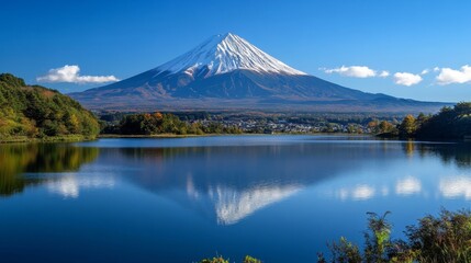 Misty morning view of Mount Fuji surrounded by a calm landscape and autumn foliage Perfect for...