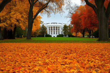 Obraz premium Autumn view of the White House framed by golden leaves and large tree trunks Perfect for seasonal visuals travel photos or history themes