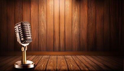 Retro Microphone Stand Podium with a vintage-style microphone and wood paneling, bringing back a nostalgic, classic feel. This concept would work well for vintage-themed events