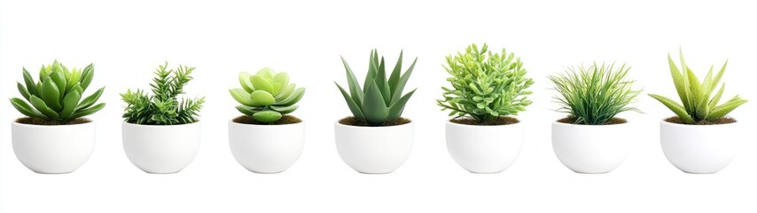 Fototapeta premium Seven potted plants with green foliage and white pots
