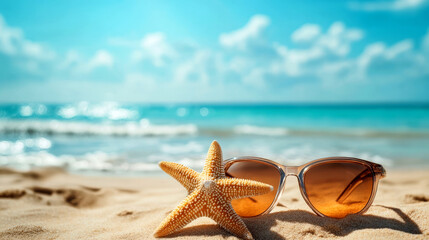 Brown sunglasses and a starfish on a sunlit sandy beach with a clear blue sky in the background. Perfect for summer travel themes or beach holiday visuals.