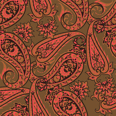 Floral seamless pattern with paisley ornament. Vector illustration in asian textile style