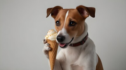 Jack Russell Terrier dog enjoying ice cream Portrait with focus on the dog suitable for text overlay. generative.ai