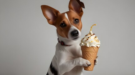 Jack Russell Terrier dog enjoying ice cream Portrait with focus on the dog suitable for text overlay. generative.ai