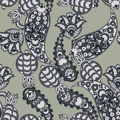 Floral fabric background with paisley ornament. Seamless vector pattern