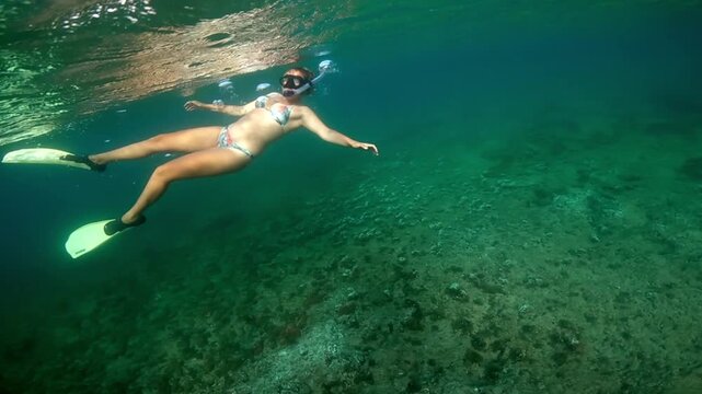 Woman swimming with a sea turtle in the clear waters of Fernando de Noronha, Brazil