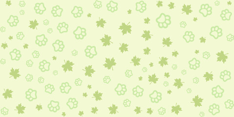 Cute seamless pattern with green paw prints and leaves on a light green background. Perfect for pet, nature, and spring-themed designs.