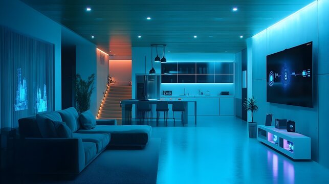 Smart home devices including lights thermostat and security connected through IoT Internet of Things with clear copy space above set in a modern tech savvy and minimalist interior design environment