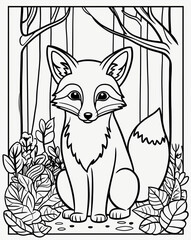 Obraz premium Cute fox sits surrounded by trees and foliage in calm forest. Colouring book page outline, line art drawing
