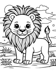 Obraz premium Charming lion poses confidently on open savannah, playful expression. Colouring book page outline, line art drawing