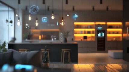 Smart home automation devices including lights thermostat and security connected through the Internet of Things IoT in a modern tech savvy interior design setting with clean