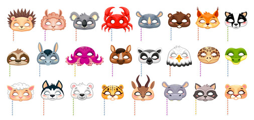 Cartoon carnival party animal masks on sticks. Vector photo booth props. Lion, koala, crab and hedgehog, sheep, rhinoceros, beaver or raccoon. Rabbit, octopus, horse and lemur, eagle, tortoise, sloth