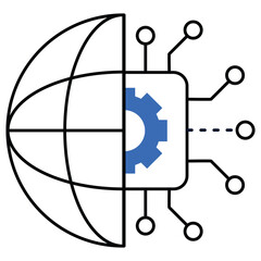 Global AI integration icon with a globe and circuit connections, representing AI-driven global connectivity, digital transformation, and worldwide technology integration.