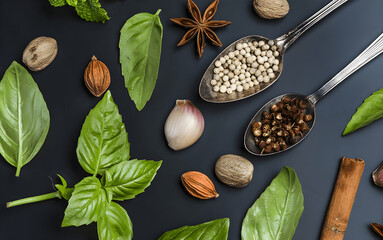 Assorted Fresh Herbs and Spices The image showcases a beautifully arranged selection of fresh herbs and spices on a dark surface. Prominently featured are vibrant green basil leaves, star anise, whole