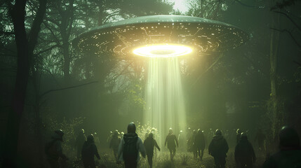 a ufo flying in the middle of the forest