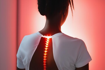 Black, woman, facing away from camera. Red, glow back pain concept. Dark room,  plain background.