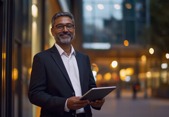 a confident middle-aged indian man dressed in a dark suit and white shirt well-lit building during the evening. He is smiling warmly and holding a tablet