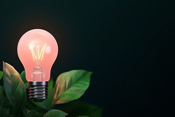 A glowing light bulb surrounded by green leaves, symbolizing creativity and the fusion of nature with technology.