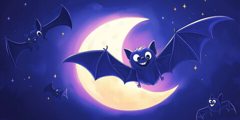 Naklejka premium Purple Halloween Night: Flying Bat with Cute Face and Moon 