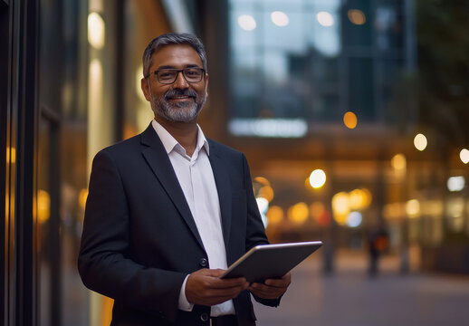 a confident middle-aged indian man dressed in a dark suit and white shirt well-lit building during the evening. He is smiling warmly and holding a tablet - Powered by Adobe
