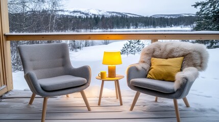 Fototapeta premium A small wooden terrace features two fur chairs by the snowy lake shore in Siberia, complete with an old lamp and a bear skin rug, creating a cozy winter retreat