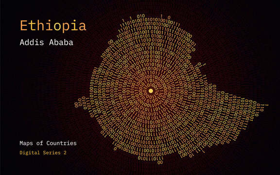 A map of Ethiopia depicted in zeros and ones in the form of a circle. The capital, Addis Ababa, is shown in the center of the circle