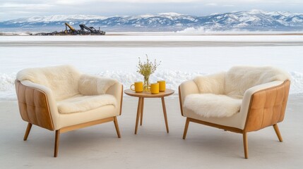 A small wooden terrace features two fur chairs by the snowy lake shore in Siberia, complete with an old lamp and a bear skin rug, creating a cozy winter retreat.