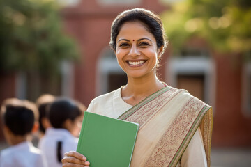 happy Indian female teacher in her late thirties, wearing a traditional saree and holding a green notebook, smiles at school campus