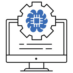 An icon depicting AI-driven technology integration with a computer and a gear symbol, highlighting machine learning, automation, digital transformation, and AI-powered systems.