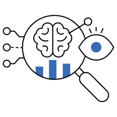 An icon representing AI-powered cognitive analytics with a brain, magnifying glass, and data charts, emphasizing machine learning, cognitive computing, data analysis, and AI-driven research.