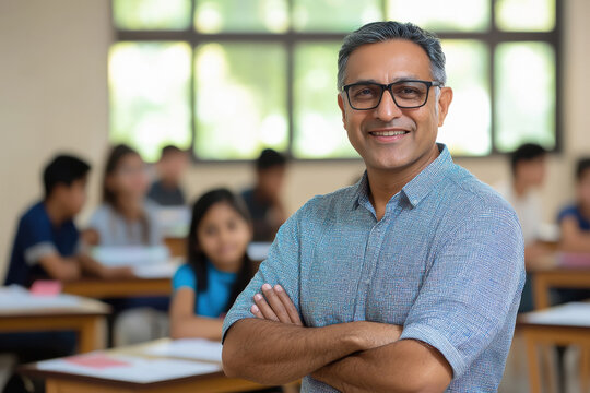 A middle-aged Indian male teacher with glasses standing in front of students sitting at desks