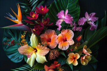 Obraz premium An arrangement of tropical flowers, including hibiscus, orchids, and bird of paradise, set against a dark background