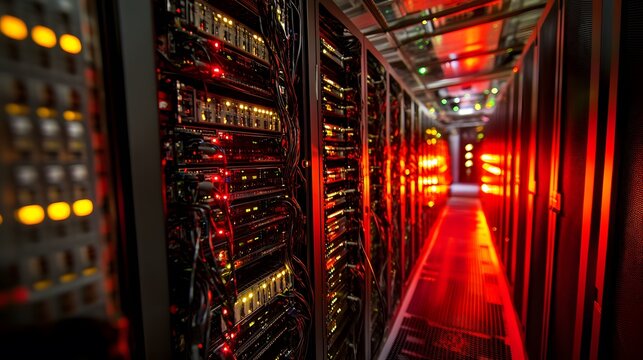 Overworking in data centers, densely packed servers, intricate network of cables, cool ambient light, modern industrial design, spotless and efficient, synchronized lights, high-tech atmosphere