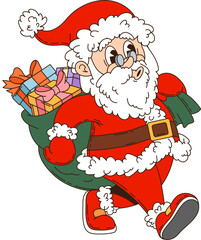 Retro groovy Christmas Santa character with a bag full of presents, marching forward. Isolated cartoon vector Noel in classic red suit, white beard, and jolly expression capture festive spirit of Xmas