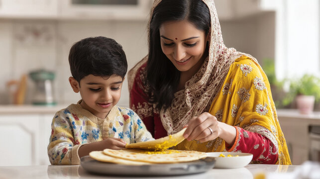 a mother adding ghee on the roti, son sitting on the table with his plate kept in front of him