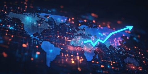 Obraz premium Digital World Map with Blue Upward Arrow