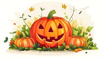 Obraz premium Playful and Bountiful Pumpkin Filled Halloween Harvest Scene with Cartoon Style