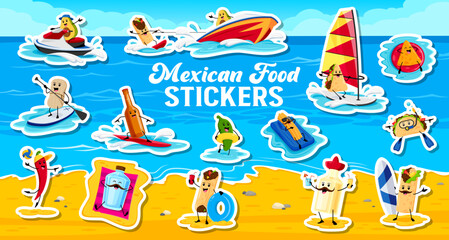 Obraz premium Stickers of funny mexican cuisine characters on summer vacation. Vibrant set of tex mex burrito, chili pepper and beverages, engaging in water sports and beach activities on a sunny day at the seaside