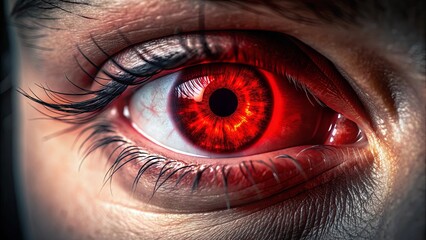 Close-up of an eye with red illumination, representing vision issues , eye health, eye care, medical, close-up, red, illuminated