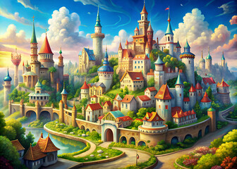 A beautifully crafted painting depicting a majestic castle majestically perched atop a hill, completely surrounded by quaint houses and lush trees
