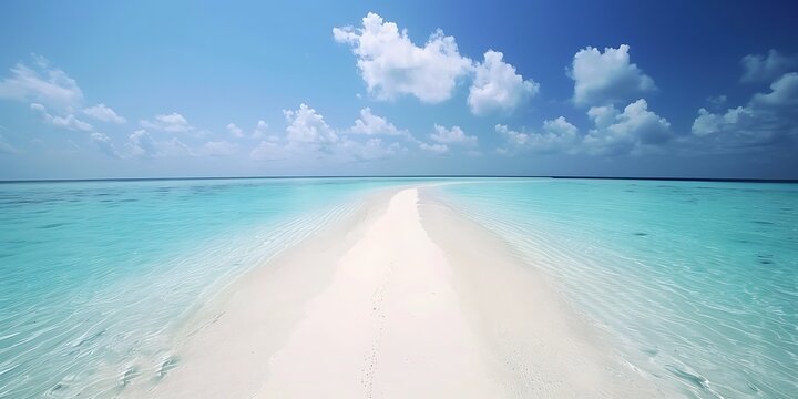 White sandbar extending into the turquoise ocean under a clear sky in the Maldives