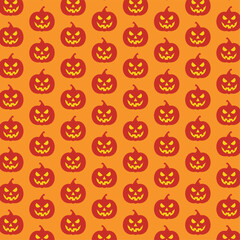 Happy Halloween, Jack o Lantern pattern. Seamless pattern with pumpkins. Illustration for textile, print, card, invitation, fabric. Pattern of funny and scary pumpkins on a orange background vector.