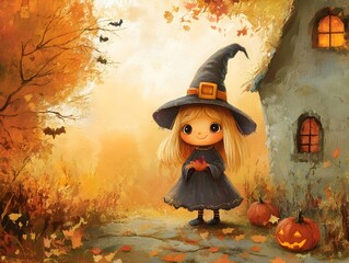 Enchanting Little Witch on a Mystical Halloween Adventure in the Cozy Autumn Forest