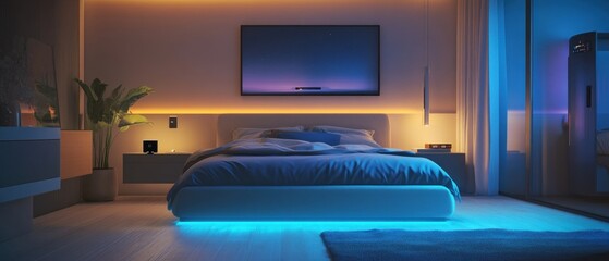 Fototapeta premium Modern Bedroom with Blue and Yellow Lighting and a Night Sky Painting