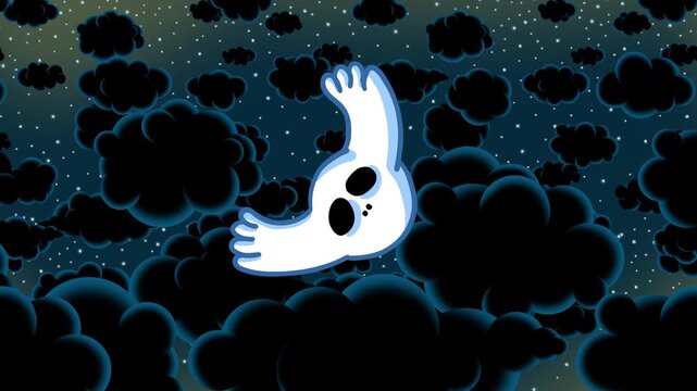 Cartoon crazy doodle ghost flying night clouds sky. Character animation with cute dynamic background with blinking stars landscape.