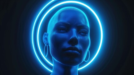 Obraz premium Futuristic blue lit female mannequin with a glowing halo background showcasing a modern aesthetic