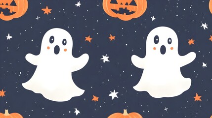 Fototapeta premium Cute Cartoon Ghost in Spooky Nighttime Halloween Scene with Pumpkins and Stars