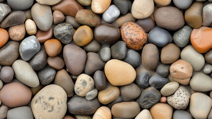 An assortment of diverse rocks lies flat on the sandy beach, showcasing their unique shapes and colors under the soft light of late afternoon SEAMLESS PATTERN