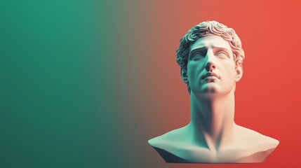 Stylized marble bust of a man against a vibrant gradient background, embodying classical art and elegance.