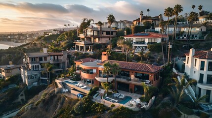 Obraz premium Aerial view of hillside luxury single family homes above Sunset Beach San Diego with palm trees and large terrace : Generative AI